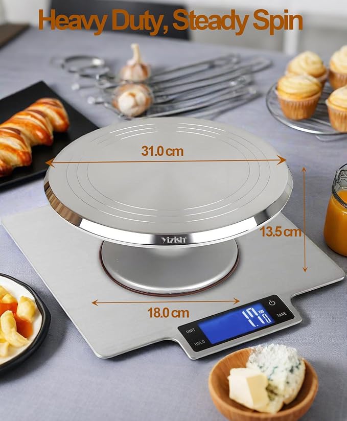 Yizish Cake Turntable Aluminum Alloy, 12 Inch Rotating Cake Stand Decorating Kits with Stainless Steel Icing Spatula (2pcs) and Icing Smoother (3pcs) for Baking, Pastries and Cupcakes - Image 4