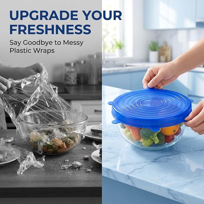 Silicone Stretch Lids 6 Pack Reusable Food Storage Covers, White | 6 Reusable Silicone Stretch Lids • Flexible Fit • Food Storage • Microwave & Freezer Safe • Multi-Size Kitchen Covers - Image 7