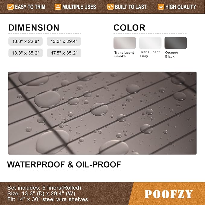 Poofzy Wire Shelf Liner 14" x 36", Set of 5 Gray - Image 5