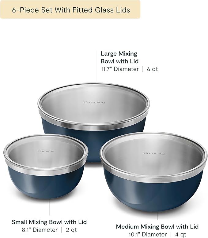 Caraway 6-Piece Stainless Steel Mixing Bowl Set with Glass Lids - Image 2