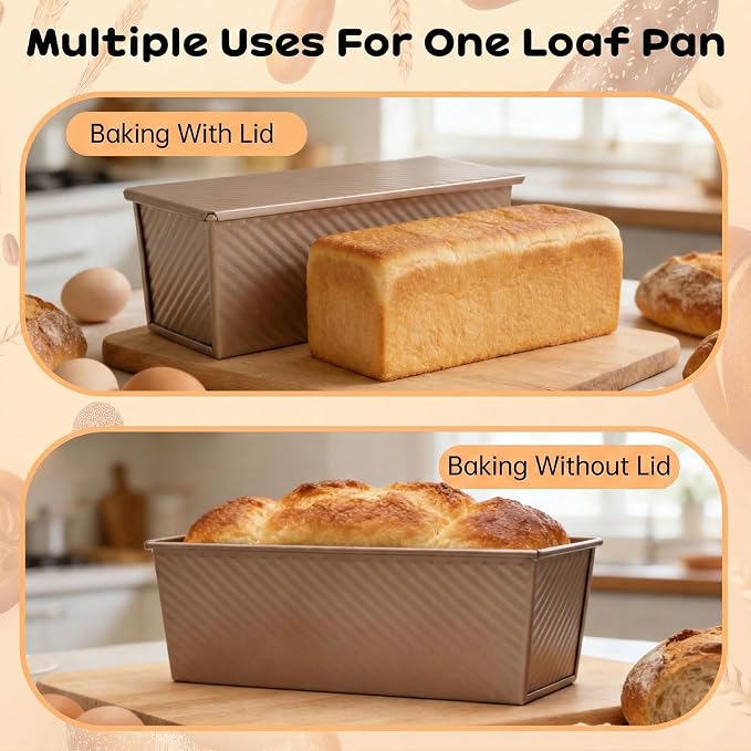 2 Pack Pullman Loaf Pan with Lid - 2.2LB Non-Stick Bread Pan, Carbon Steel Square Toast Mold with Silicone Spatula & Oil Brush, Baking Kit for Homemade Sandwich & Sourdough, Housewarming Gifts - Image 5