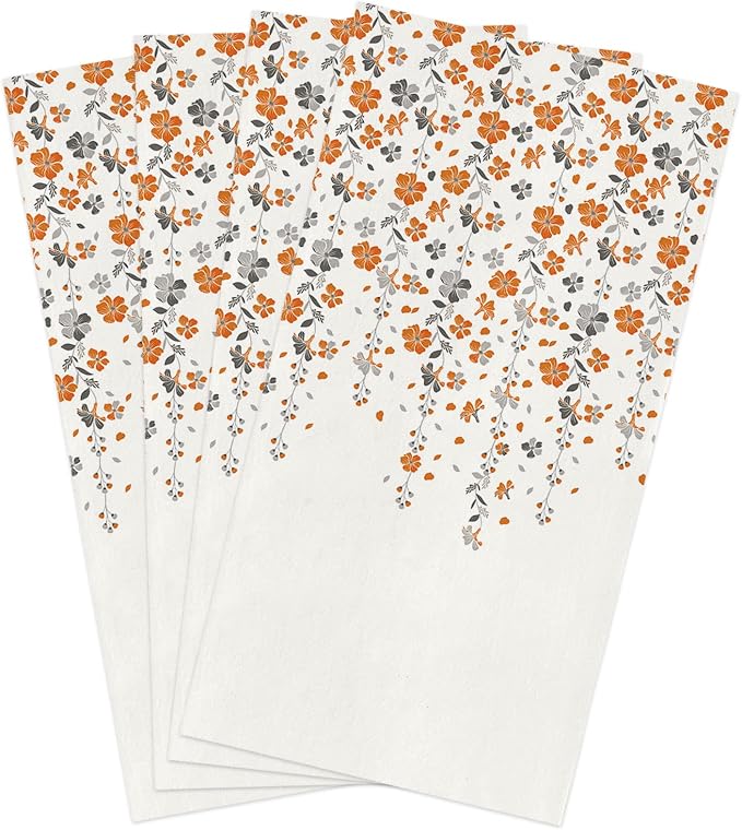 Kitchen Towels Microfiber Cleaning Cloths, Flower Orange Grey Cherry Blossoms White Background Soft Dish Towels for Kitchen, Pack of 4 Absorbent Hand Towels Reusable Tea Towels,Bar Towels,18x28 Inch by Smile+Sunflower