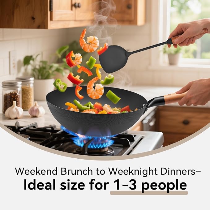 WANGYUANJI 11.8" High Purity Iron Wok Pan,Flat Bottom Stir Fry Pan for Electric,Induction & Gas Stoves,No Chemical Coating Carbon Steel Alternative,Traditional Hand-Hammered Skillet for Cooking - Image 2