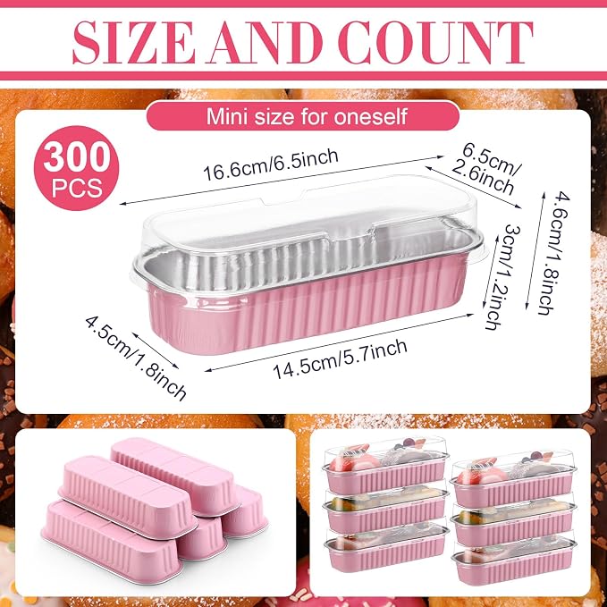 Qunclay 300 Pcs Mini Loaf Pans with Lids 6.8 oz Aluminum Foil Mini Cake Pans with Lids Rectangle Loaf Baking Cups Disposable Cake Containers for Muffin Ramekins Large Gatherings Parties(Pink) - Image 2