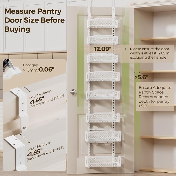 Delamu 8 Tier Over the Door Pantry Organizer, 2in1 Hanging or Wall Mount Spice Rack Seasoning, Adjustable Heavy-Duty Narrow Pantry Door Organizer and Storage for Kitchen Cabinet and Bathroom,12" White - Image 2