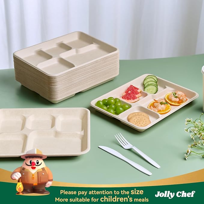Compostable 5 Compartment 10*8.25*1 Inch 500 Pack Heavy Duty Paper Plates | Small Divided Disposable Plates Natural Eco-Friendly Biodegradable Food Tray for School Lunch Dinner - Image 4