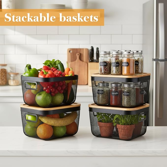 Maxdot 4 Pack Stackable Wire Baskets for Pantry Organizers Kitchen Storage Metal Baskets with Bamboo Lids 10"x10"x7" Vegetable Fruit Basket Produce Potato Onion Storage Bin for Kitchen Countertop - Image 4