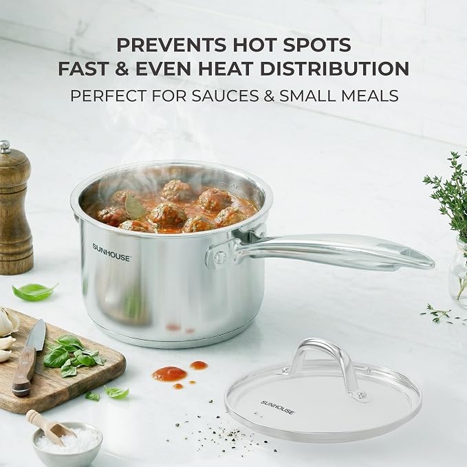 Sunhouse: Stainless Steel Saucepan - Advanced: 2 Quart - Tempered Glass Lid, 18/10, 3-Ply Bottom, Round-Edge Pot, All Cooktops, Oven-Dishwasher Safe - Image 7