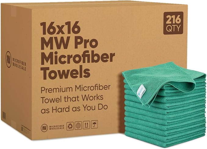 Microfiber Wholesale 16" x 16" Pro Multi Surface Microfiber Towels Bulk | Case: 216 Qty (Green) by MicrofiberWholesale