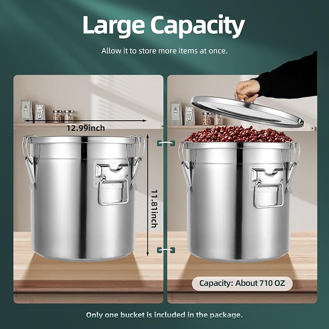 DYNAMI 5.5Gal 304 Stainless Steel Airtight Container with Lid and Locking Clamp,17-38Lbs Metal Bucket Stainless Steel Drum Large Canister for Kitchen,Dog Food/Bird Seed/Coffee Storage Container(21L) - Image 8