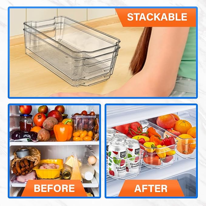14-Piece Stackable Refrigerator Bin Organizer Set with Easy Grip Handles - Clear Multi-Purpose Storage Bins for Fridge and Pantry Use - Image 5