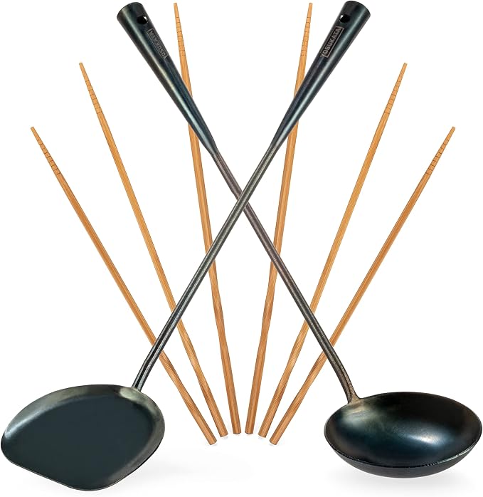 YOSUKATA 17" Blue Carbon Steel Wok Spatula and Ladle, 3 pairs Chopsticks | Durable Wok Utensils Set of 5 - Traditional Asian Cooking Tools and Accessories by YOSUKATA