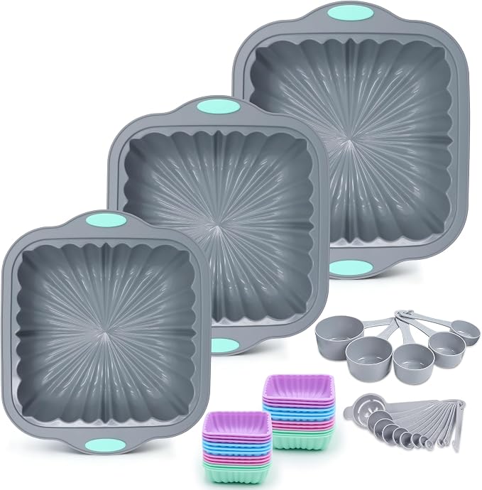 To encounter 44 Pieces Silicone Square Cake Pans Set, 3 Sizes Silicone Fluted Cake Pan with Reusable Baking Cups, Food Grade Baking Molds for Brownie, Bread, Muffin, Light Grey by Toencounter