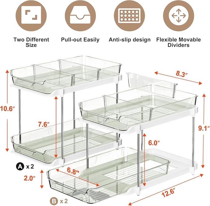 Delamu 2-Tier Multi-Purpose Bathroom Under Sink Organizers and Storage, Stackable Kitchen Pantry Organization, Pull Out Medicine Cabinet Organizer with Movable Dividers, Light Green, 4 Pack - Image 2