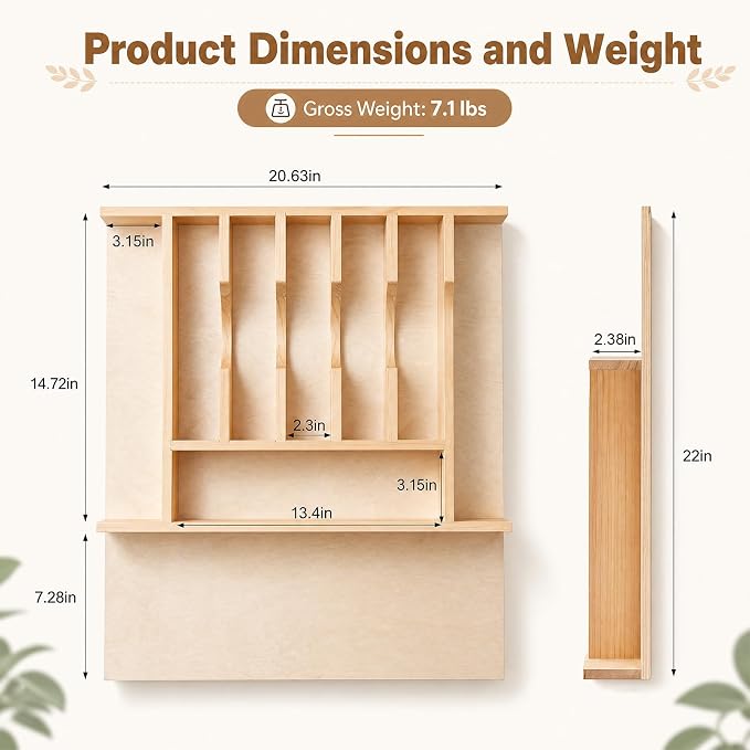 Briwooody 1 Pack Trim-to-Fit Silverware Drawer Organizer, 20.63" x 22" x 2.38" Wooden Cooking Utensil Drawer Organizer with Adjustable Dividers for Kitchen Utensils Silverware Flatware Storage - Image 2
