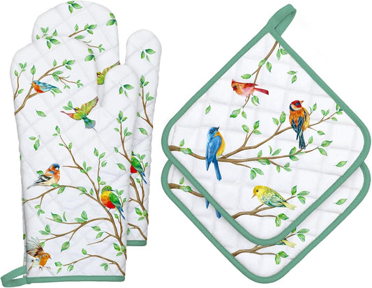 Bird Branch Oven Mitts and Pot Holders Sets 4Pcs, 100% Cotton Heat Resistant, Extra Long Oven Gloves Potholder for Kitchen Cooking Baking Housewarming