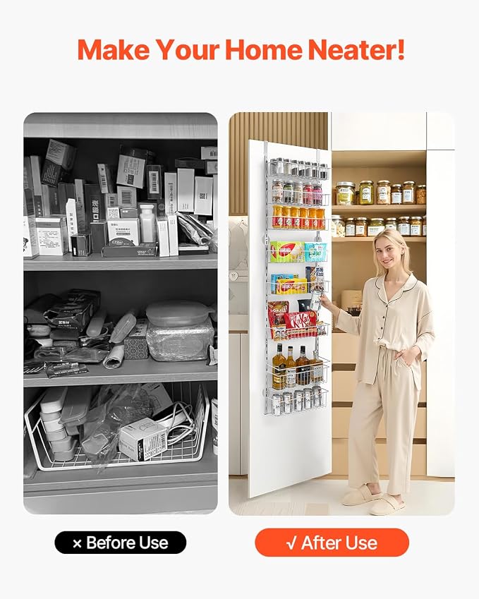 VEVOR Over the Door Pantry Organizer, 8-Tier Pantry Organization and Storage, Heavy-Duty Steel Hanging Spice Rack, Adjustable Wall Seasoning Shelves, for Home Kitchen Laundry Room Bathroom, White - Image 6