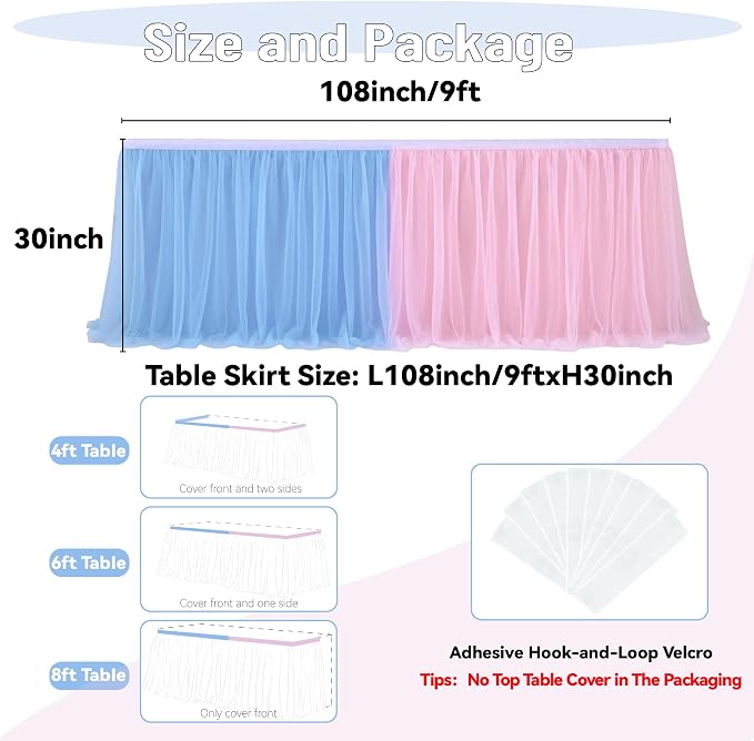 108in Blue Pink Tulle Table Skirts for Rectangle Tables 6/8/4ft, 2-Layer Gold Grim Ruffle Gender Reveal Tulle Tutu Cloth Table Skirt 9ft for Birthday Party Baby Shower Cake Dessert(No Table Cover) - Image 4
