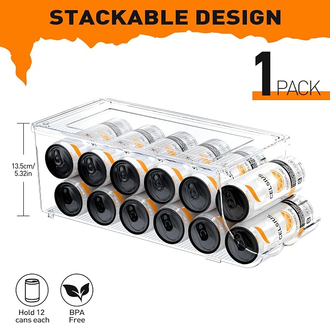SCAVATA Skinny Can Organizer for Refrigerator, Stackable Tall Skinny Soda Pop Can Holder Dispenser with Lid for Fridge Pantry Rack Freezer, Clear Plastic Storage Bins-Holds 12 Slim Cans (See-through) - Image 2