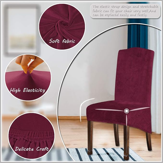Velvet Plush XL Dining Chair Covers, Stretch Chaircover, Spandex High Chairs Protector Covers Seat Slipcover with Elastic Band for Dining Room,Wedding, Ceremony, Banquet (Wine Red, Set of 2) - Image 2
