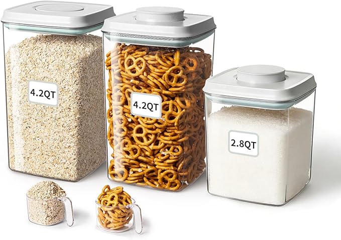 Ankou Food Storage Container Sets, 2.8 Qt + 4.2 Qt *2 Airtight Canisters with Lids and 130ml Scoop, BPA-Free Plastic Pantry Containers for Flour, Sugar, Rice by ANKOU