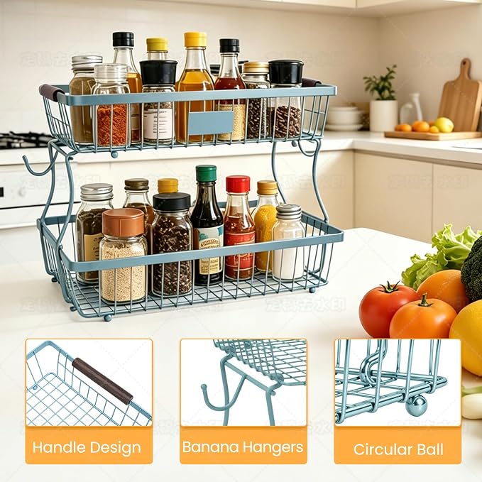 2-Tier Stackable Wire Basket with 2 Banana Hooks, Pantry Organizer for Kitchen Countertops, Cabinets & Under-Sink Spaces; Ideal for Storing Snacks, Fruits, Veggies, Onions, Potatoes, & More,Blue - Image 3