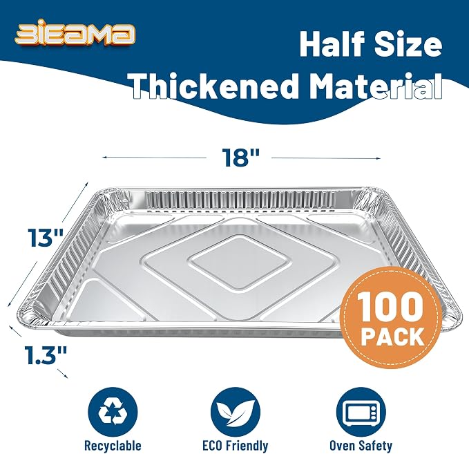 BIEAMA 100 Pack Aluminum Pans 18" x 13" Half Size Disposable Foil Pans | Extra Thick Heavy Duty Deep Aluminum Steam Table Trays for Baking, Cooking, Catering - Image 2