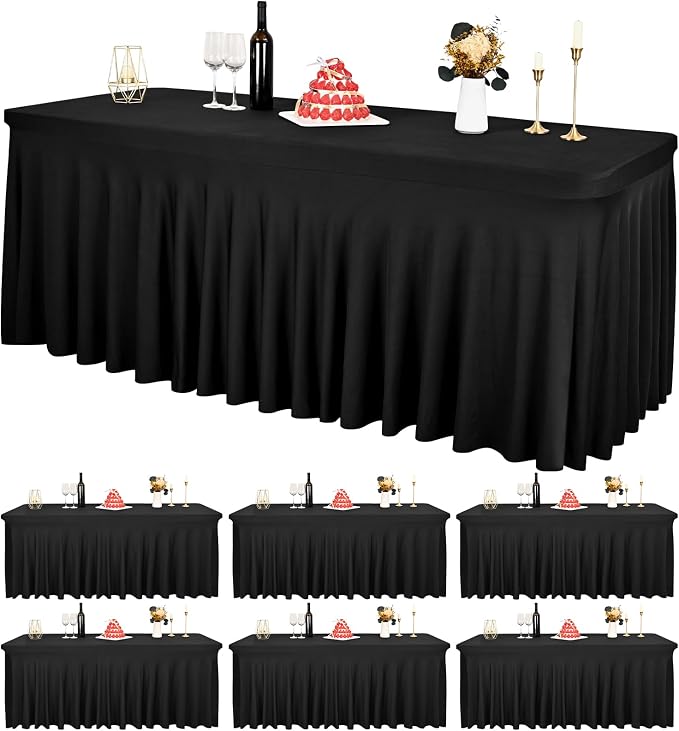 6 Packs Black Spandex Table Clothes for 6 Ft Tables by REWOMC