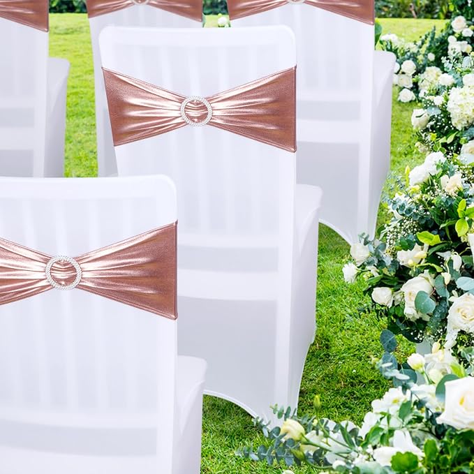 LEBENGURU Metallic Rose Stretch Chair Sashes 50pcs with Buckle Slider - Image 7