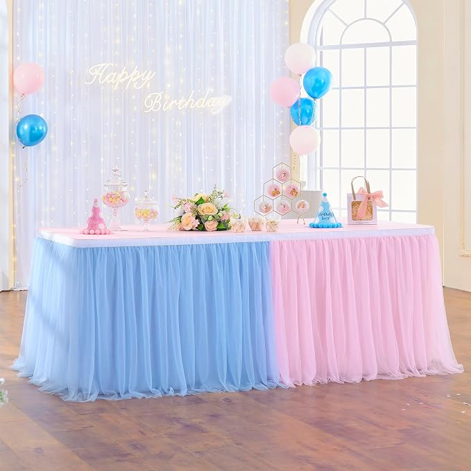 108in Blue Pink Tulle Table Skirts for Rectangle Tables 6/8/4ft, 2-Layer Gold Grim Ruffle Gender Reveal Tulle Tutu Cloth Table Skirt 9ft for Birthday Party Baby Shower Cake Dessert(No Table Cover) by ENJOYYOURPARTY