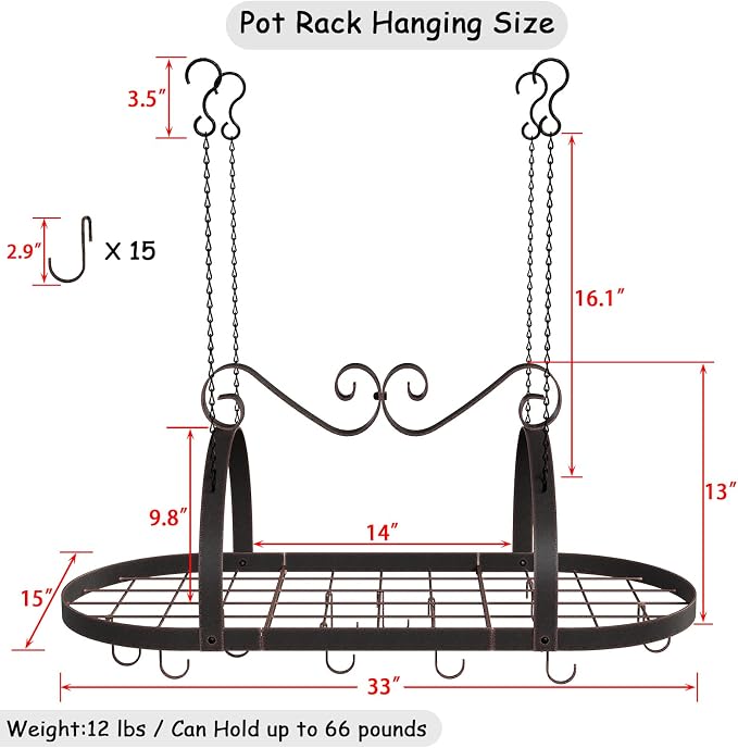 Metal Hanging Pot Rack Ceiling Mount, Vintage Oval Pot and Pan Storage Rack | 33" Metal Ceiling Pan Hanging Rack with 15 Hooks, Decorative Vintage Brown Pot Hangers for Kitchen Organize Utensils Cookware - Image 3