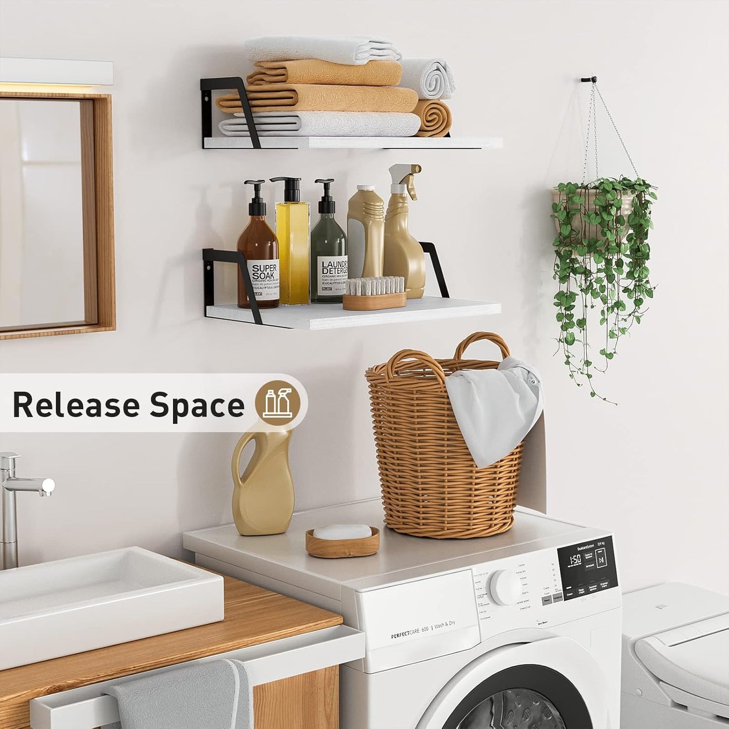 SRIWATANA Floating Shelves Wall Mounted Set of 2 Rustic Wood Shelves with Large Capacity(Washed White)