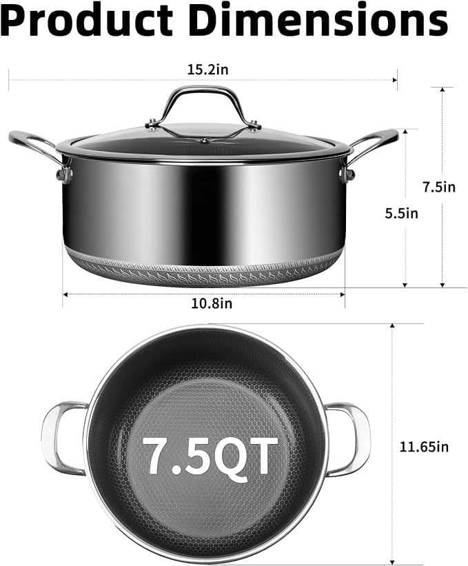 Hybrid Nonstick 7.5 QT Stockpot with Lid, Stainless Steel Stockpot with Honeycomb Texture,Compatible with All Cooktops,Dishwasher and Oven Safe - Image 5
