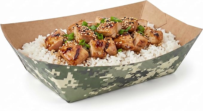 Restaurantware-Bio Tek 1 Pound Food Trays, 200 Disposable Paper Food Trays - Heavy-Duty, Greaseproof, Camouflage Paper Food Boats, For Snacks, Appetizers, Or Treats, Use At Parties Or Carnivals - Image 6