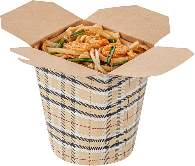 Restaurantware-Bio Tek 3.2 x 2.9 x 4 Inch Food Containers, 200 Noodle Takeaway Boxes - Disposable, Sturdy, Plaid Paper 16 Ounce Take Out Boxes, Round, For Hot Or Cold Foods - Image 10