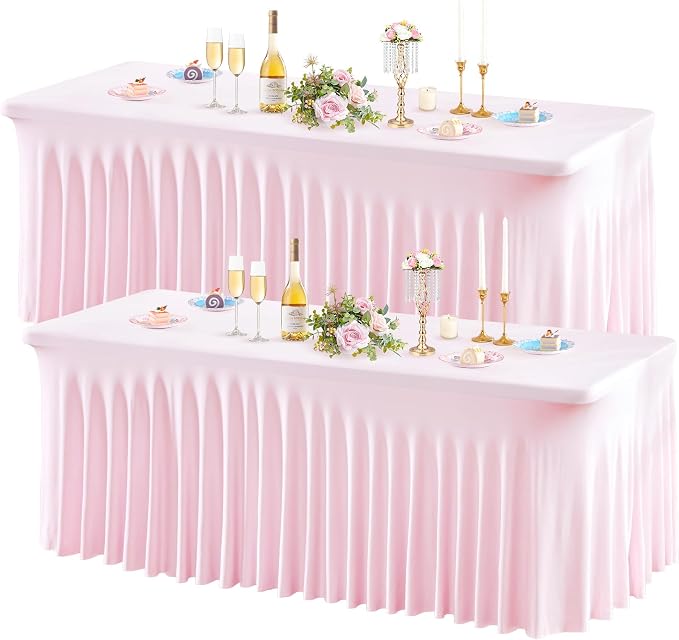 Wish Care 2 Pack Pink Spandex Table Clothes for 4 Foot Rectangle Tables, 4FT Wrinkle Free Fitted Tablecloths Ruffles Design Table Cover for Party, Banquet, Wedding and Events by WishCare