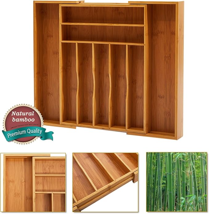 Bamboo Silverware Drawer Organizer - Expandable Kitchen Drawer Organizer and Utensil Organizer, Perfect Size Cutlery Tray with Drawer Dividers for Kitchen Utensils and Flatware (20Inch) - Image 4