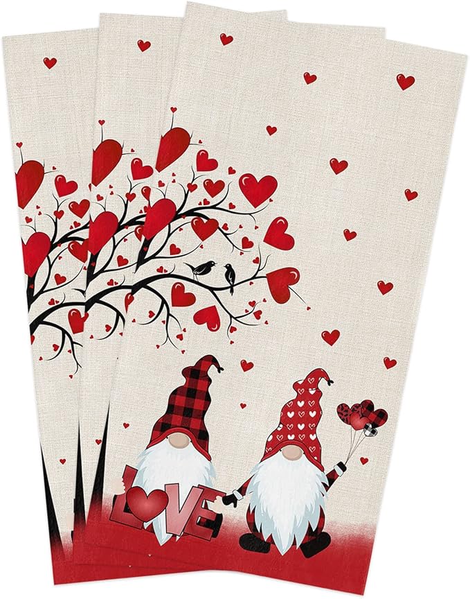 Kitchen Towels,Microfiber Cleaning Cloths, Valentine's Day Cute Gnome Red Love Heart Soft Dish Towels for Kitchen, Pack of 3 Absorbent Reusable Dish Towels,Tea Towels,Bar Towels,18x28 Inch by Smile+Sunflower