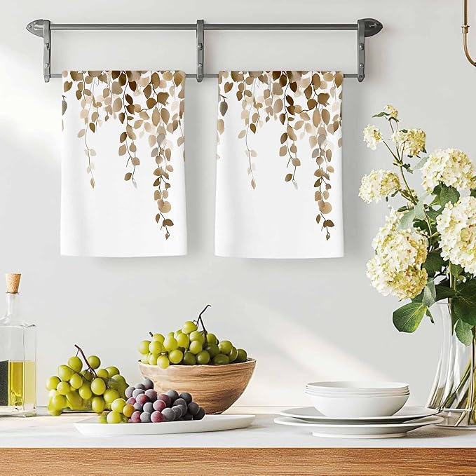 Brown Eucalyptus Kitchen Towels Set of 1, Absorbent Dish Towels for Kitchen, Spring Summer Botanical Plants Chic Microfiber Hand Towel, Quick Drying Tea Towel for Cleaning Decorative Dishcloths - Image 3