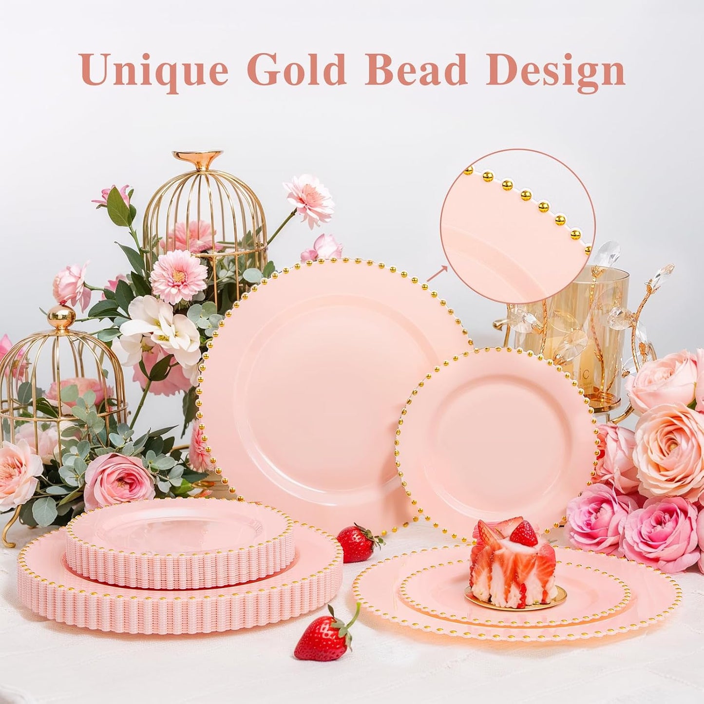 supernal 100pcs Pink Plastic Plates with Gold Beads Plates Disposable Heavy Duty Party Supplies Includes 10.25inch Dinner Plate and 7.5inch Dessert Disposable Plate for Party,Wedding,Bridal Showers