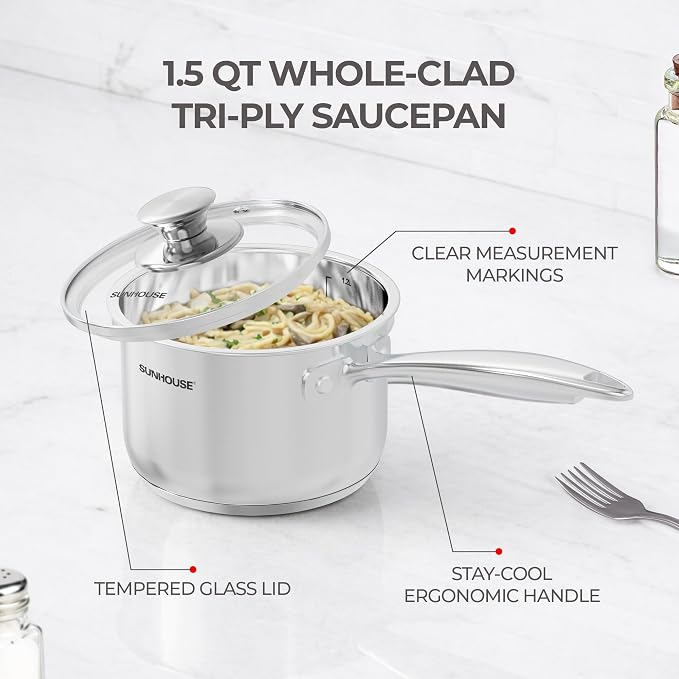 Sunhouse: Stainless Steel Saucepan - Advanced: 1.5 Quart - Tempered Glass Lid, 18/10, 3-Ply Bottom, Round-Edge Pot, All Cooktops, Oven-Dishwasher Safe - Image 2