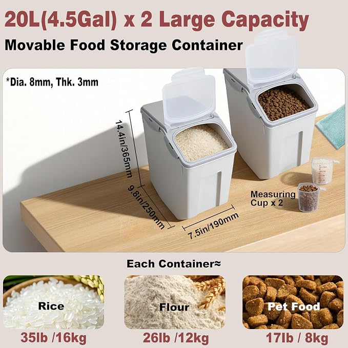 2 Pack Food Storage Container Bin 25Lb, 2 × 15L Airtight Rice Storage Containers with 2 Measuring Cups,Food Containers with Wheels Seal Locking Lid,For Flour | Rice | Sugar | Grain | Dog Cat Pet Food - Image 2