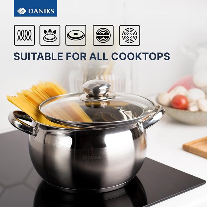 Daniks Classic 11-Piece Stainless Steel Cookware Set with Glass Lids, Includes Saucepan and Frying Pan with Lid, Tri-Ply Bases for Even Heating, Induction Compatible, Dishwasher Safe - Image 8