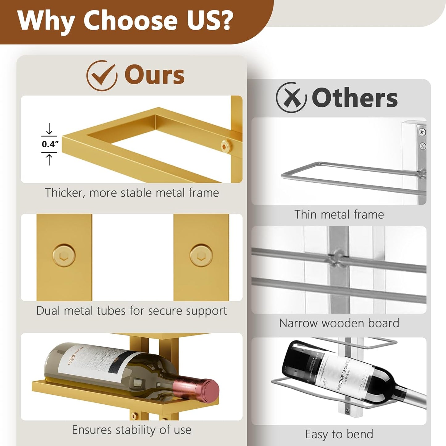 Hoctieon 8 Tier Wall Mount Wine Rack, Wall Racks for Wine Bottles Display and Storage, Hanging Bottle Organizer for Living Room, Dining Room, Wine Cellar, Bar, Gold