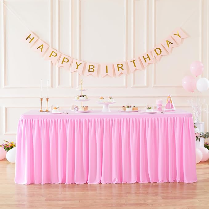 Wish Care Pink Polyester Table Clothes for 4 Foot Rectangle Tables, Wrinkle Free Fitted Table Cover with Pleated Ruffle Table Skirt for Birthday Party Wedding Trade Show Event Display - Image 3