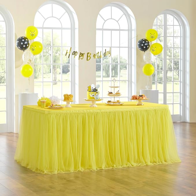 108in Yellow Tulle Table Skirts for Rectabgle Tables 6/8/4ft, 2-Layer Gold Grim Ruffle Tulle Tutu Cloth Table Skirt 9ft Decor Bee Themed Birthday Party Wedding Baby Shower Cake Dessert(No Table Cover) by ENJOYYOURPARTY