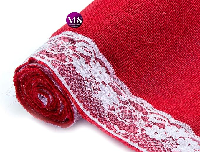 VDS Pack of 10, Burlap Table Runner with White Lace Edge, 100% Natural Jute Rustic Hessian Table Cloth Centerpiece for Wedding Birthday Party Banquet Table Decoration (Size 12X108 Inch)(Red) - Image 5