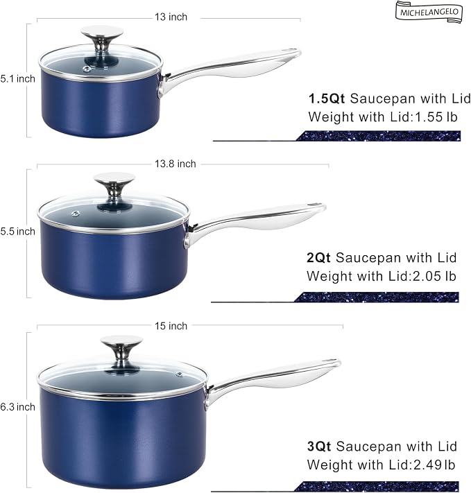 MICHELANGELO Sauce Pan with Lid, Ceramic Saucepan Set, 1.5Qt & 2Qt & 3Qt Sauce Pan Sets, Nonstick Saucepans with Lids, Small Pots with Stainless Steel Handle, Oven Safe, Blue - Image 7
