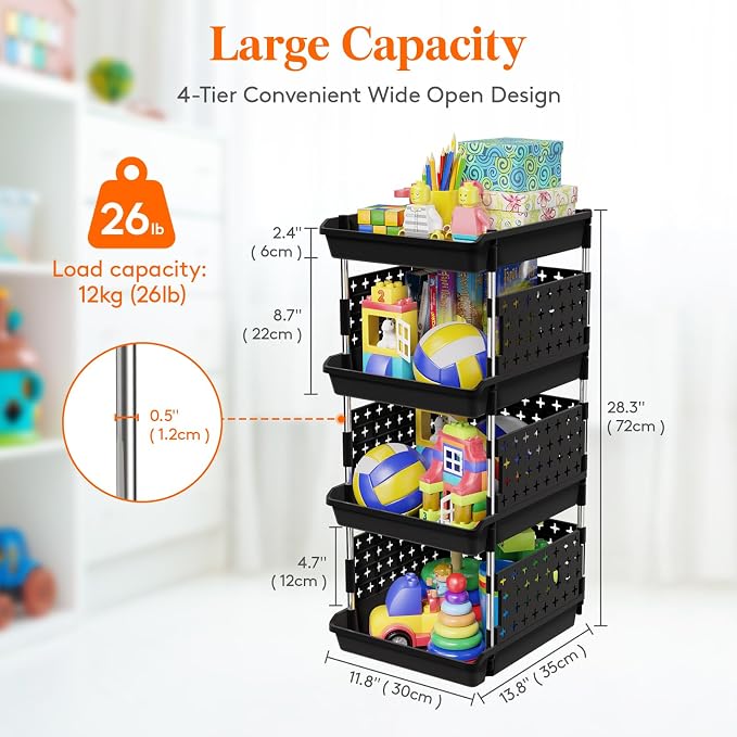 Lifewit 4 Tier Plastic Stackable Storage Baskets for Clothes 2 Pack, Black - Image 3