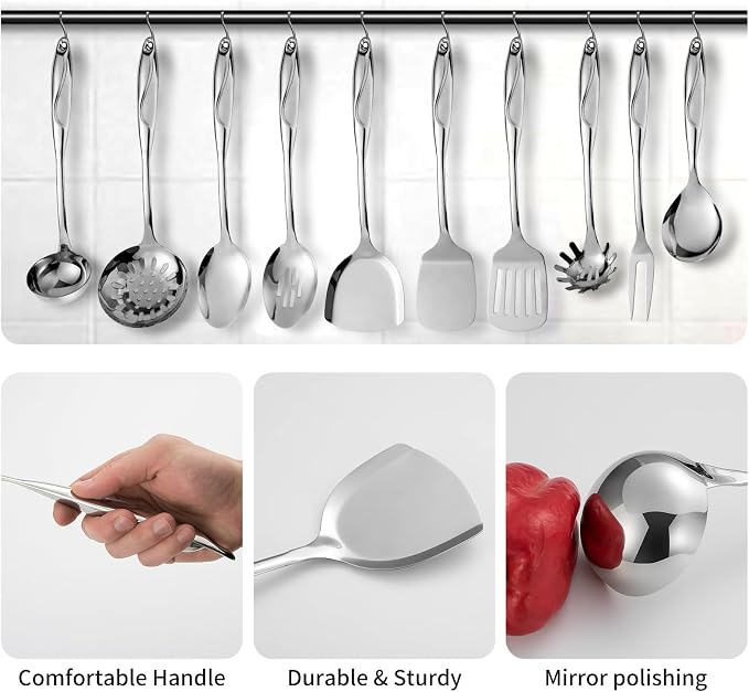 304 Stainless Steel Kitchen Utensils Set, 10 Pcs Metal Cooking Utensil, Mirror Polished Kitchen Gadget Cookware and Kitchen Tool Set, Dishwasher Safe - Image 6